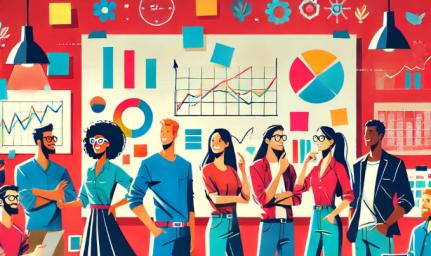 Grafica di persone che parlano con sfondo di diagrammi